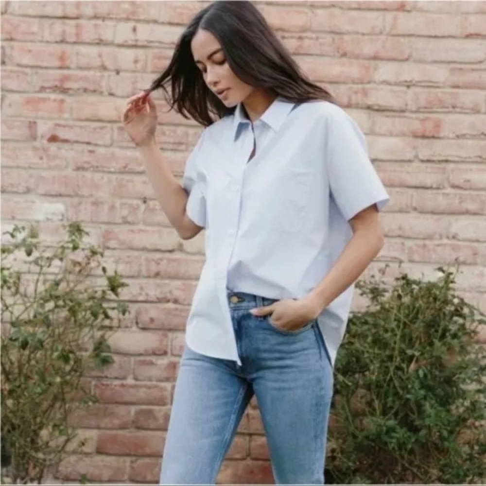 Jenni Kayne Short Sleeve Boyfriend Cotton Button-Up Shirt Light Blue